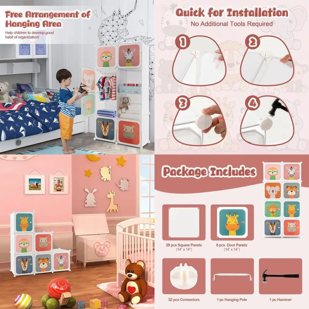 

Portable Kids' Closet Organizer with 8 Cubes and Hanging Rack, White, Ideal for Toddlers' Bedroom and Nursery Storage