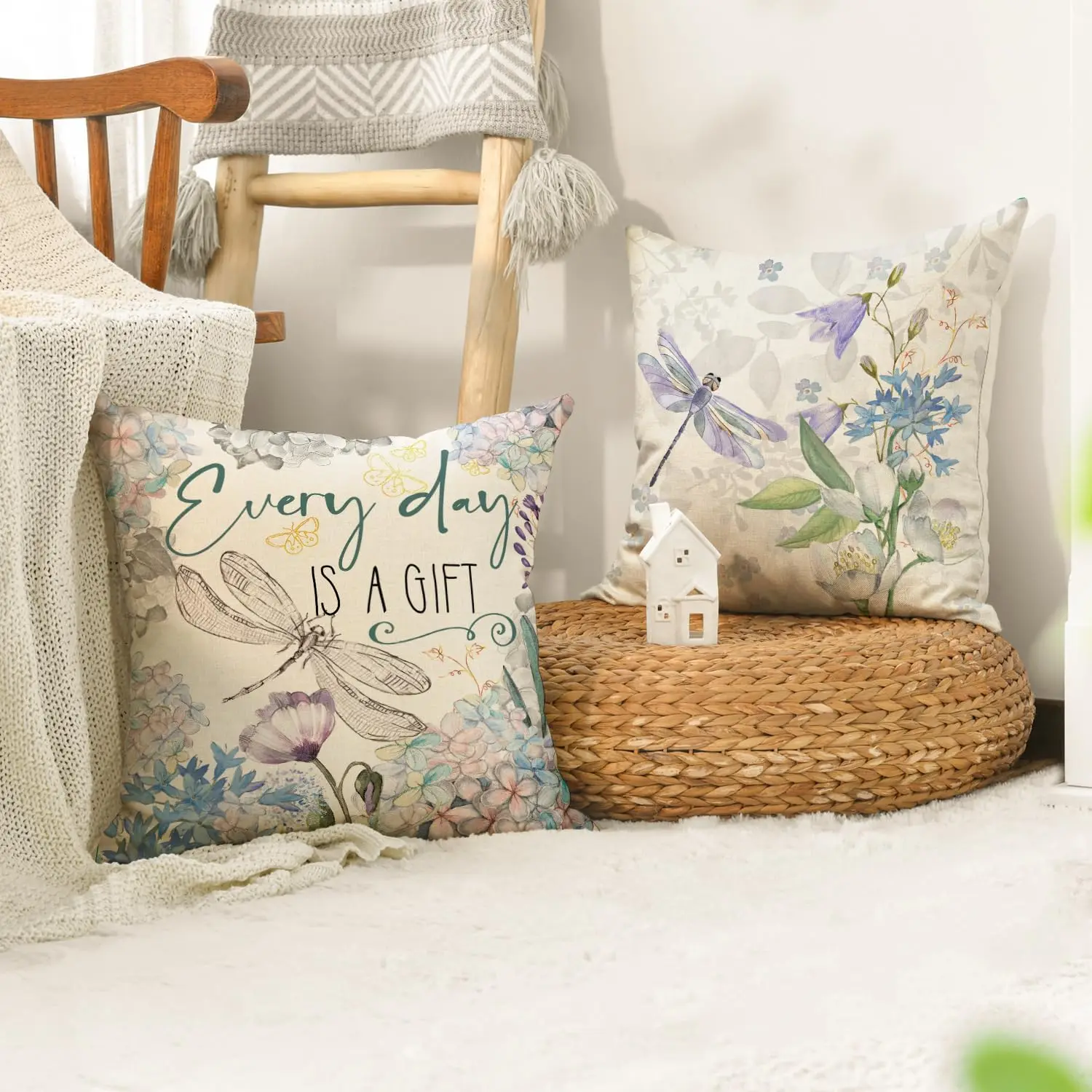 4 Pack Floral Watercolor Cushion Covers Set Cottagecore Botanical Print Throw Pillows for Sofa Bedroom Decor Home Accent Gift