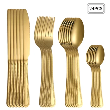 24pc Stainless steel gold cutlery set knife fork spoon steak knife fork dessert fork spoon retro suitable for restaurant kitchen 1