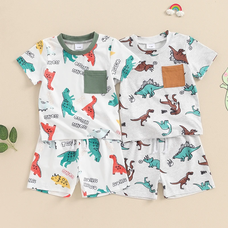 

2024-04-09 lioraitiin Baby Boys Summer Outfits Dinosaur Print Short Sleeves T-Shirt and Elastic Shorts Set Vacation Clothes Set