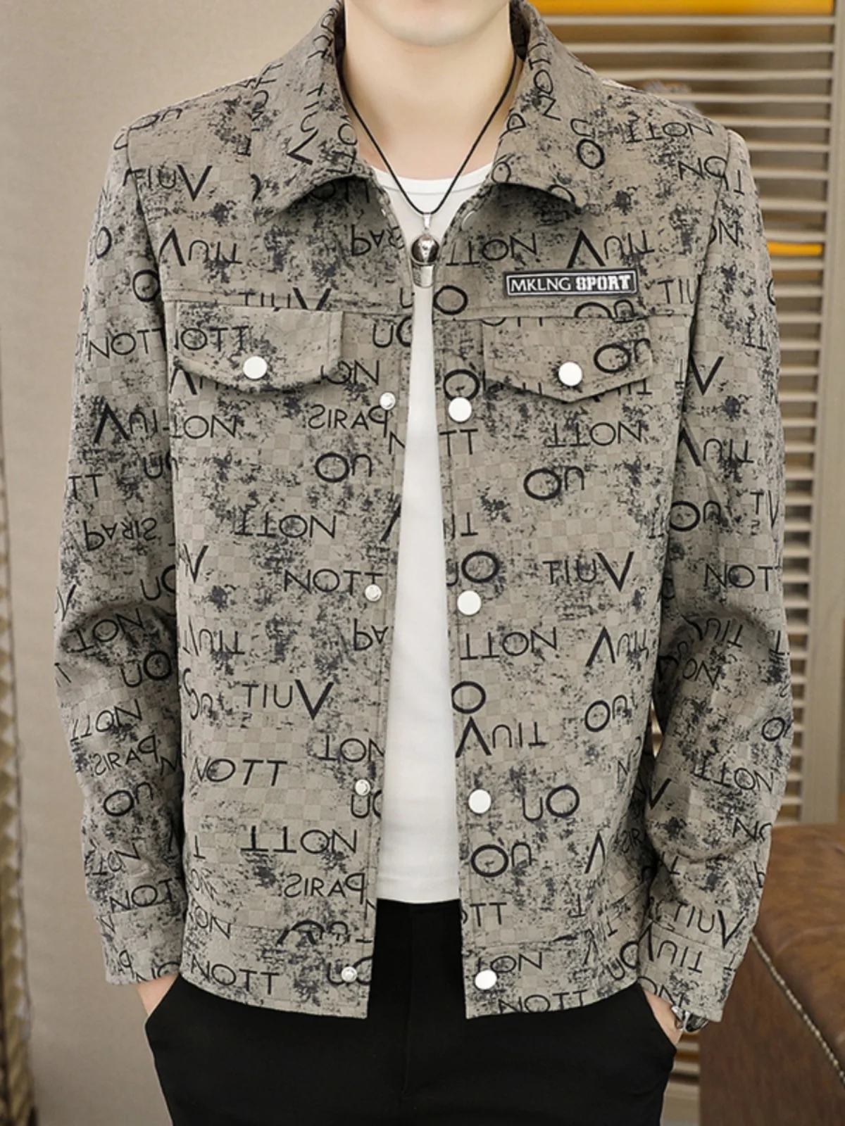 

Мужская клетчатая куртка-ветровка укороченная, повседневная, осенне-весенняя, модная, с отложным воротником, молодежная, из полиэстера