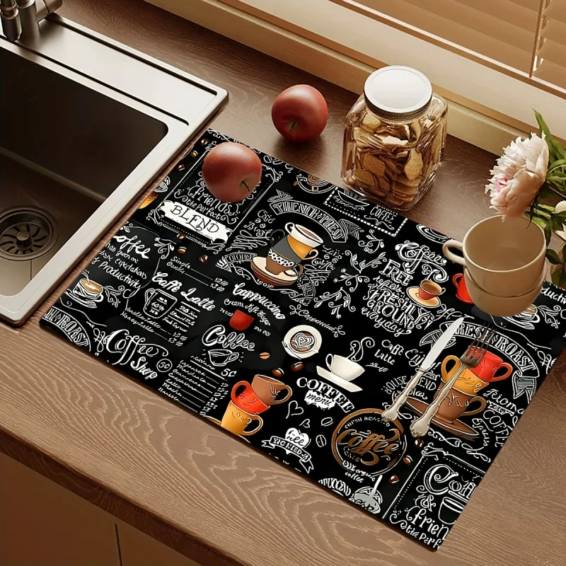 VIKAMA Chalkboard-Style Coffee-Themed Bar Mat, Coffee Machine Drip Mat, American Retro-Style Kitchen Countertop Non-Slip Mat