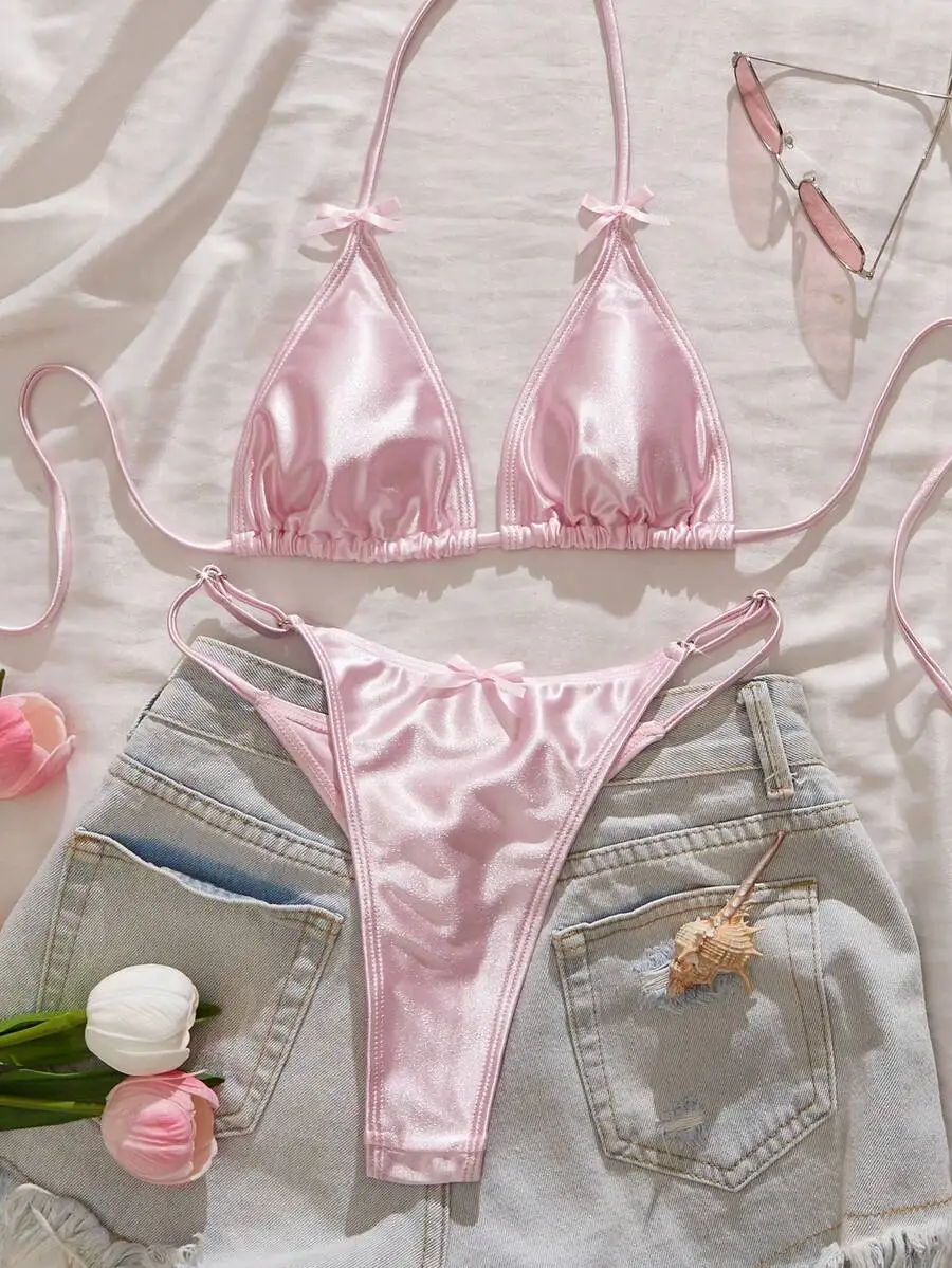 

Pink Satin Shiny Triangle Bikini Set With Bow Detail For Beach Summer