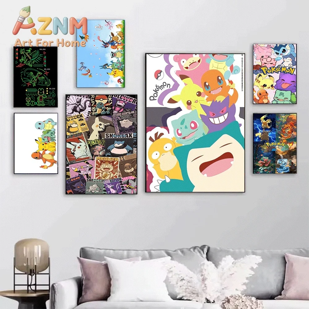 Color Bar Starters Pokemon Canvas Wall Art No Frame Anime Print Poster Painting for Kids Bedroom Living Room Home Wall Decorat