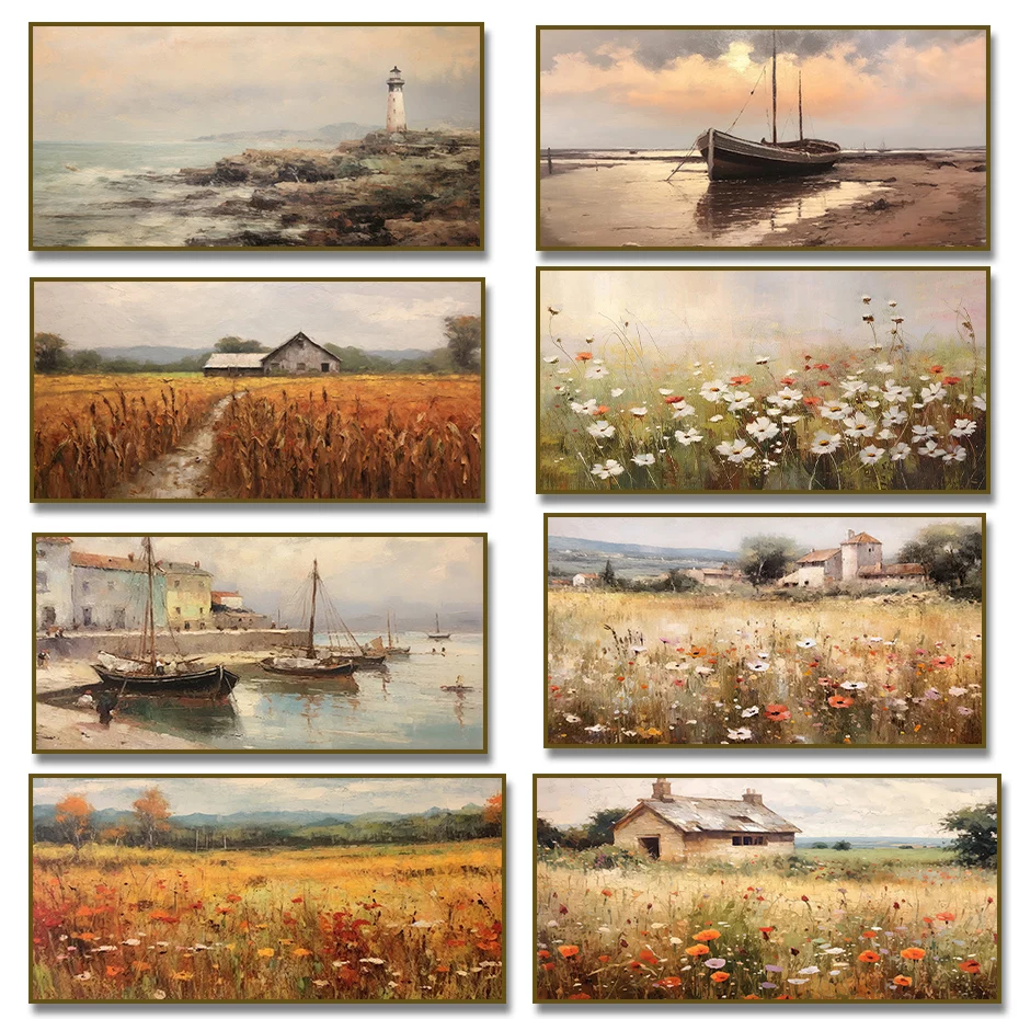 English Cottage with Wildflowers Beached Sailboat Poster Canvas Painting Print Wall Art for Living Room  Home Farmhouse Decor