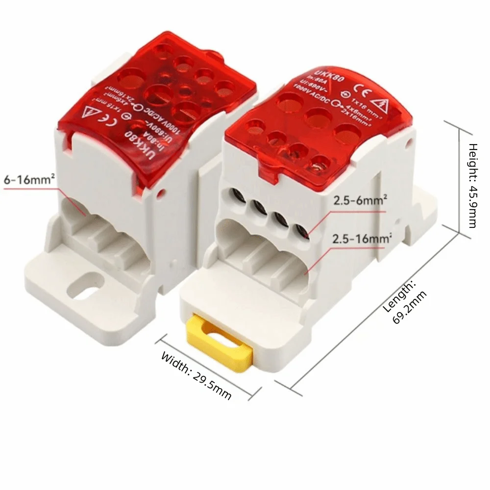 690V 80A DIN Rail Terminal Block Red Positions Screw Terminal Terminal Block Distribution Box Brass Conductor Junction Box