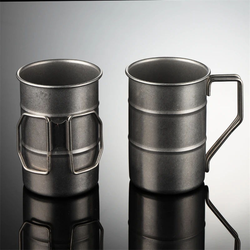 Retro Stainless Steel Outdoor Camping Water Cups Beer Mugs Folding Handle Oil Barrel Shape Coffee Mugs Happy to Friends