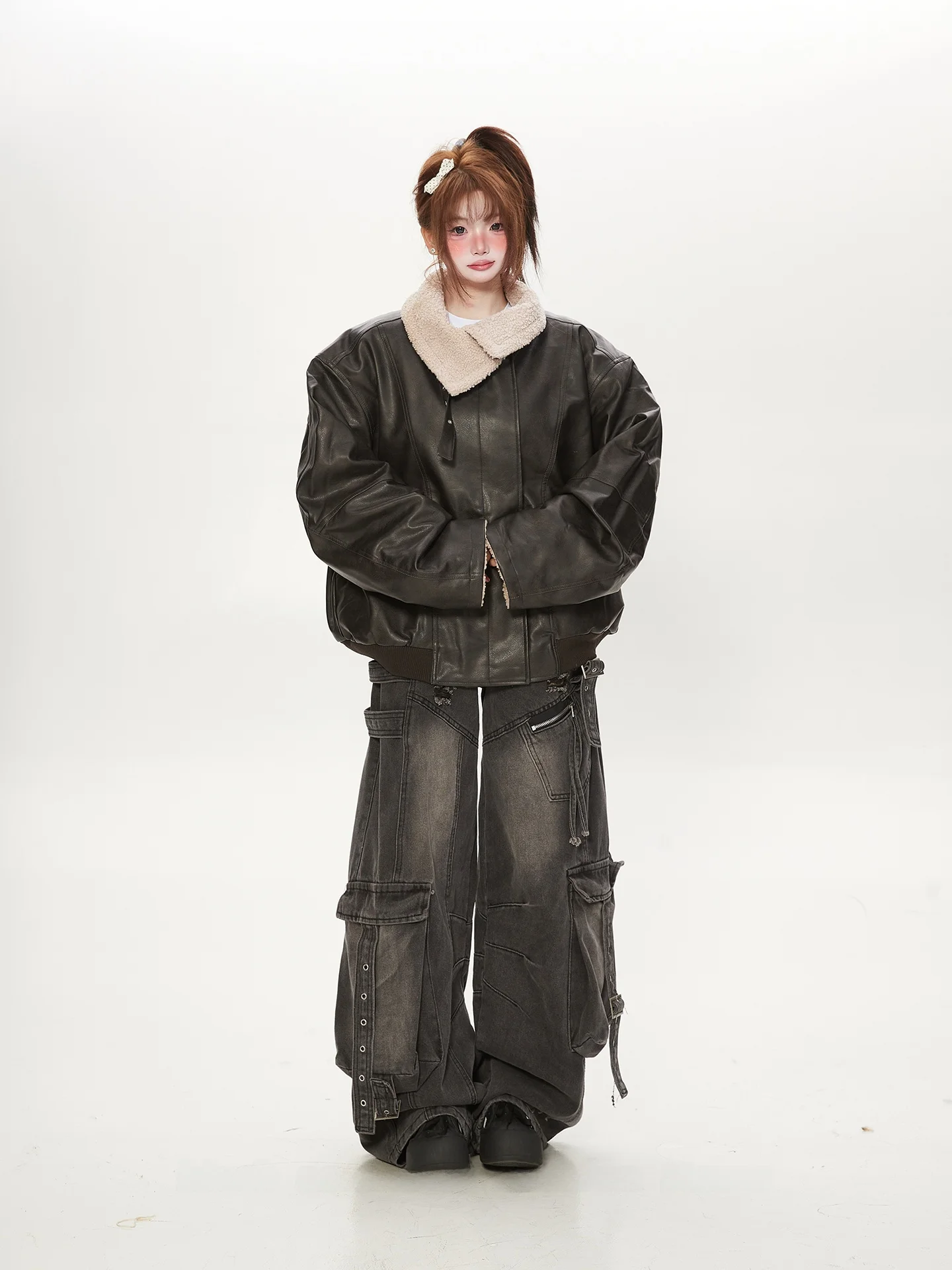 Thiened Fce Gefütterter Loser Damen-Mantel Retro Amerikanischer Stil Umweltfreundliches PU-Lammfell-Spleiß-Wintermantel