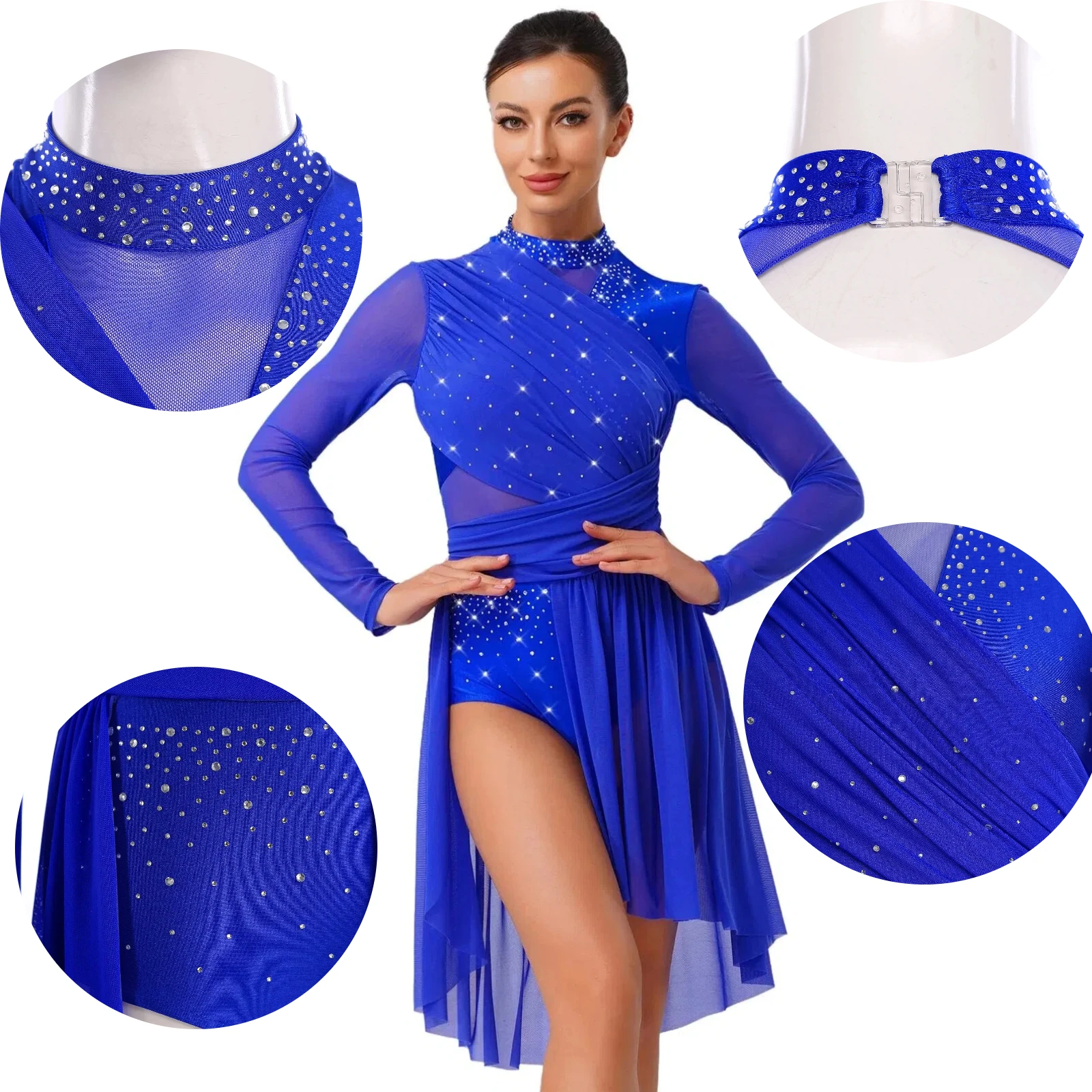 Women Dance Dress Modern Contemporary Dance Costumes Lyrical Ballet Shiny Rhinestone Performance Dress Figure Skating Costume