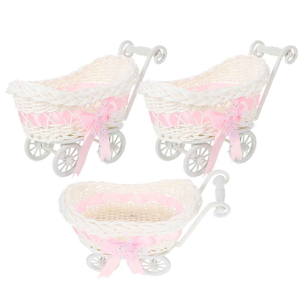 3pc Wicker Baby Shower Cart Basket Candy Serving Wedding Flower Decoration Party Favors Gift Baskets Meticulously Woven