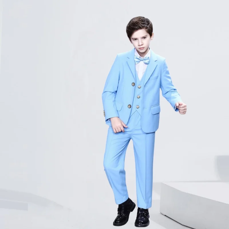 

Boys Girls Jacket Vest Pants Bowtie 4Pieces Ceremony Costume Children Blue Photography Suit Teenager Kids Birthday Wedding Dress