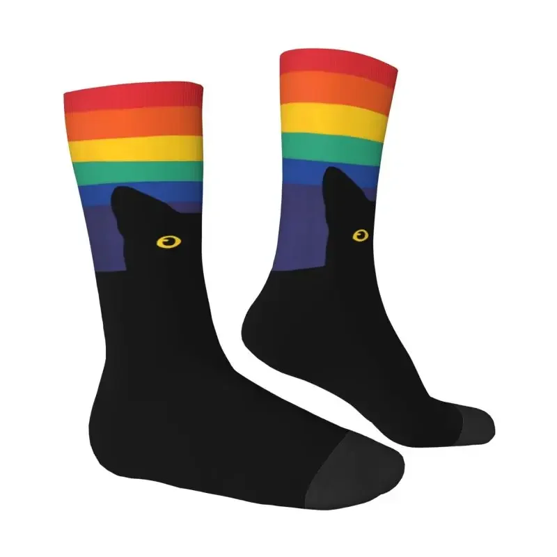 Cute Peeking Cat In Rainbow Circle Socks Women Men Warm 3D Printing LGBT Gay Pride Sports Football Socks