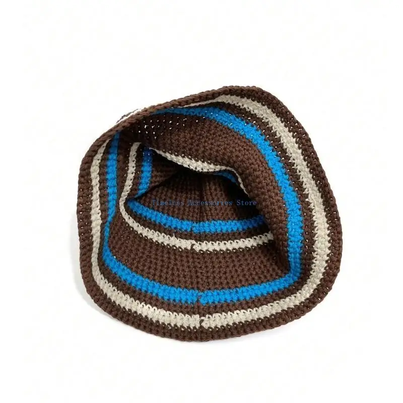 

97QE Teens Bucket Hat Crochet Stripe Pattern Fisherman Cap Windproof Hat for Skiing