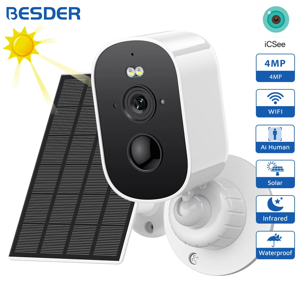 BESDER 4MP WiFi Solar Security Camera Wireless 4800mAh Solar Battery Powered Outdoor Camera CCTV Surveillance Protection iCSee