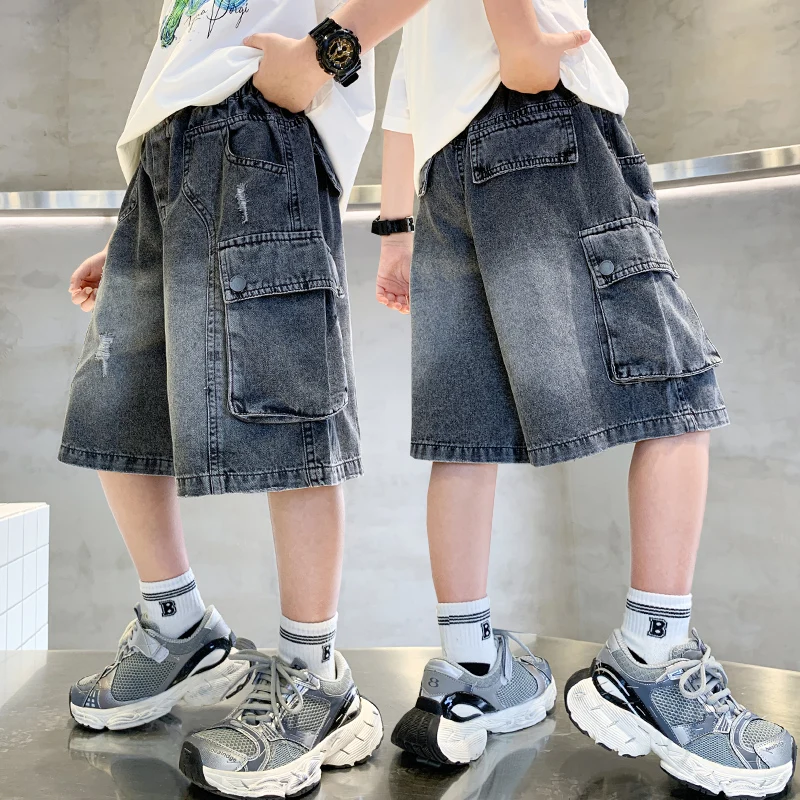 

High Quality Kids Children Distressed Denim Cargo Shorts with Big Pocket for Teen Boy Gray Color Knee Length Summer Short Jeans