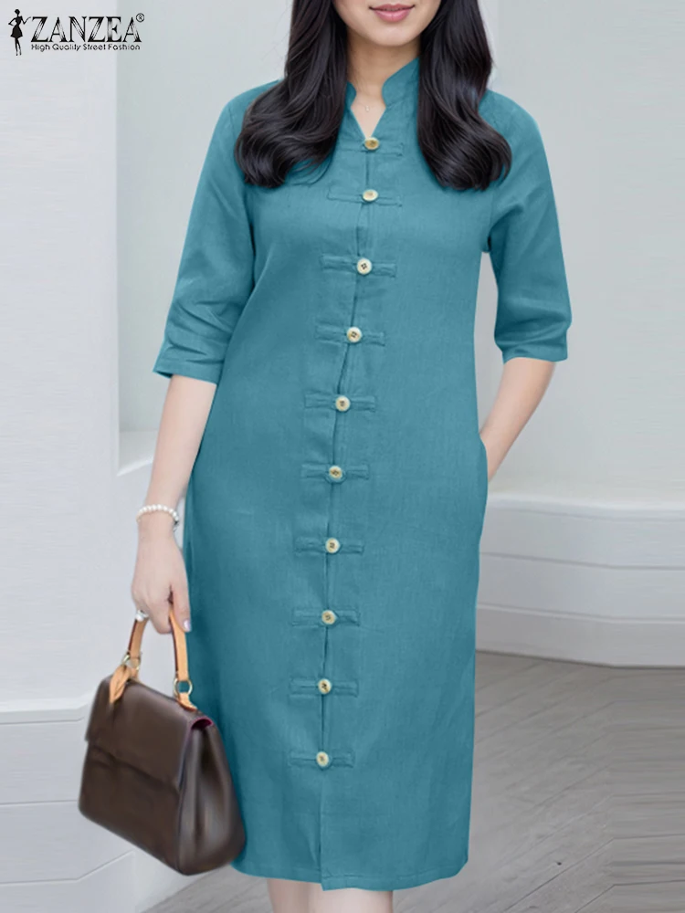 Elegante abito a metà polpaccio Vintage tinta unita vestito estivo estivo Stand Neck Robe 2025 ZANZEA Casual OL bottoni da lavoro manica 3/4 Vestido