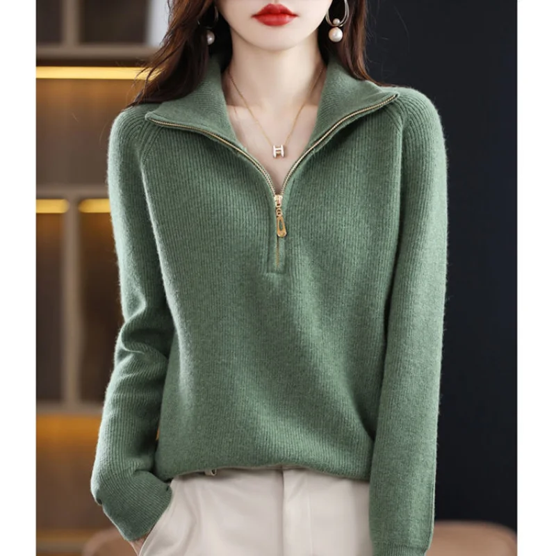 Half Open Zipper Lapel Pullover Sweater for Women's Autumn Winter New Vintage Loose Fitting Sweater for External Wear Top