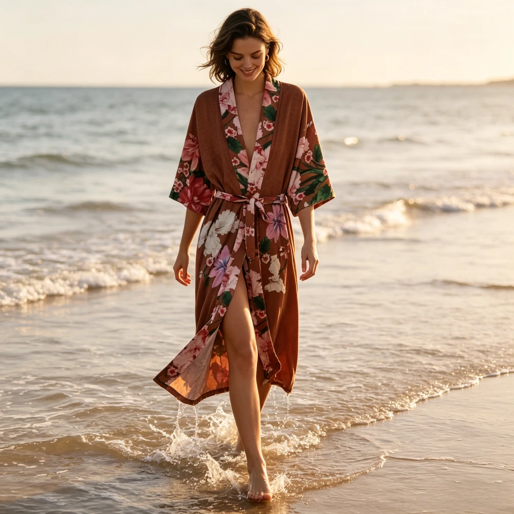 

Retro Printed Kimono Yukata Robe, Thin Tie Waist Coat, Women Mid-Long Sunproof Wear for Beach Travel Street Style & Cosplay