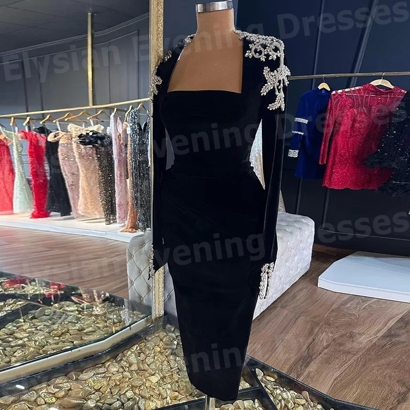 2025 Sexy Black Women\'s Mermaid Evening Dresses Square Collar Customized Long Sleeve Prom Gowns Party Beaded Vestidos Para Mujer