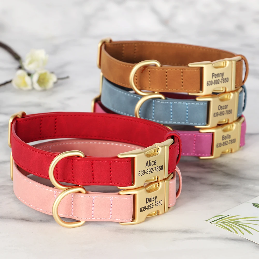 Personalized PU Leather Dog Collar Free Engraved ID Buckle Collars Anti-lost for Small Medium Large Dogs Pitbull Labrador Pug