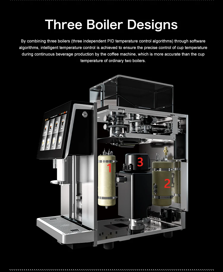 One Touch Automatic Coffee Machine Three Boiler Powder tank Milk Pump Foaming Two Bean Tanks