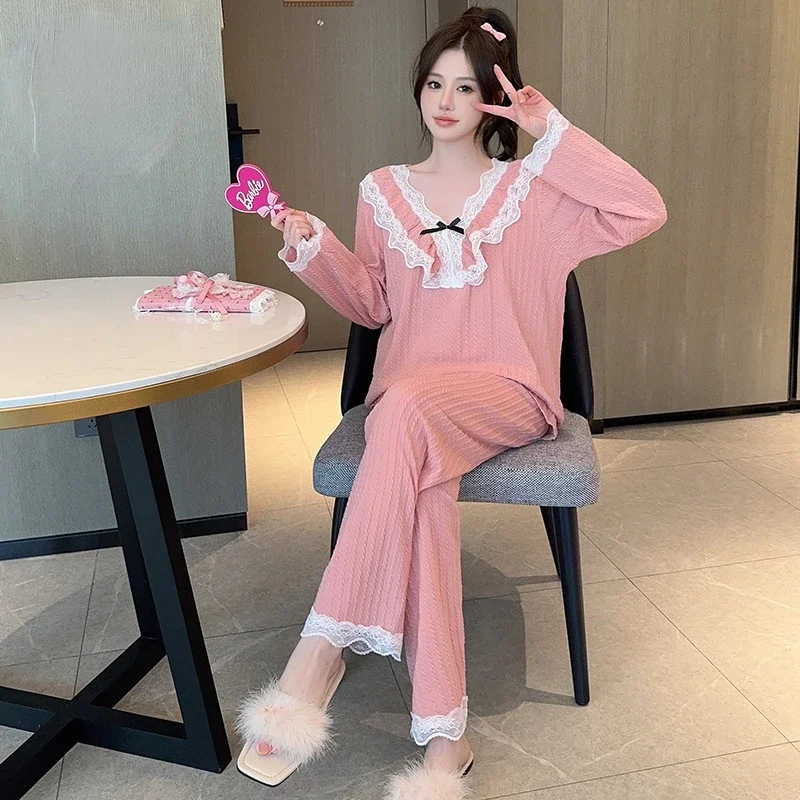 Sweet Pajama Sets Women Lace Patchwork Tender Soft Sleepwear Daily Princess Home Casual Aesthetic College Girls Lounge All-match