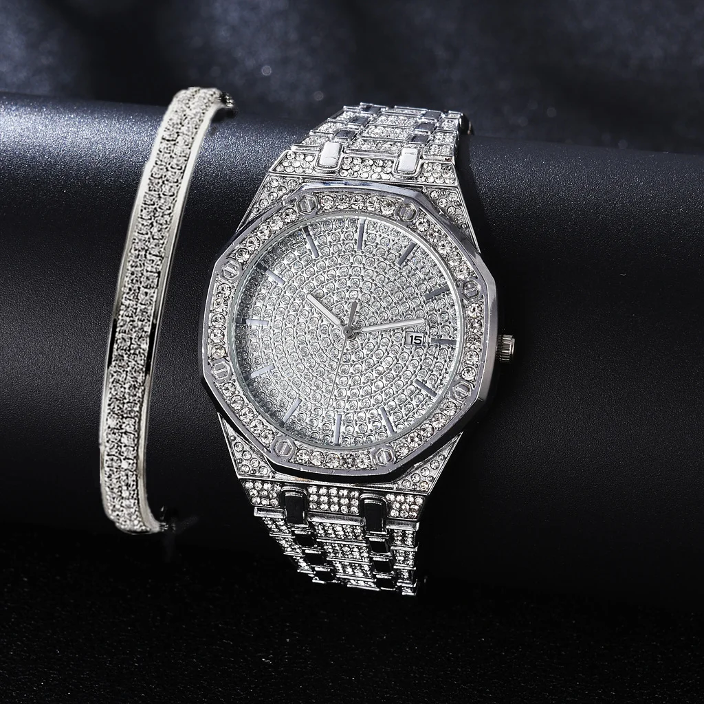 Iced Out Watch + Bangle for Women Crystal Bracelet Clocks Girls Fashion Luxury Gold Wristwatch Set Jewelry Ladies Gifts Relojes