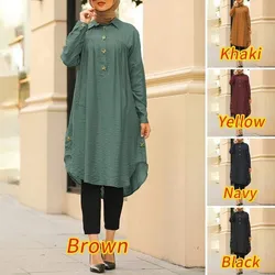 New Summer Muslim Solid Blouse For Women Simple Cotton Linen Long Shirt Saudi Arabia Islam Femme Tops Lady A-line Shirt Dresses