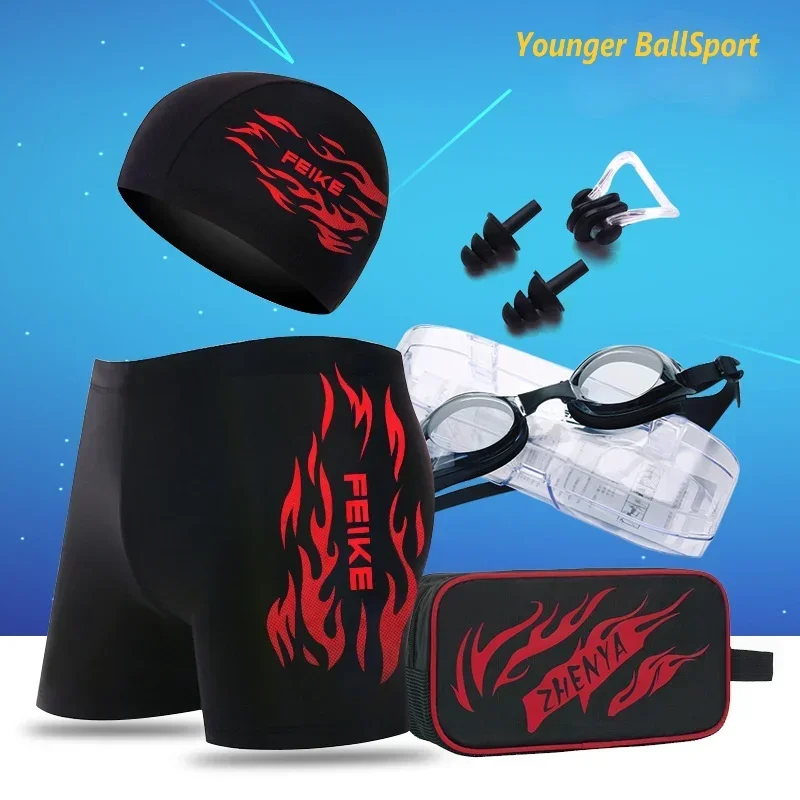 Myopia swimming goggles men's boxer plus size fashion hot spring swimming trunks men swimwear swimming goggles swimming cap set