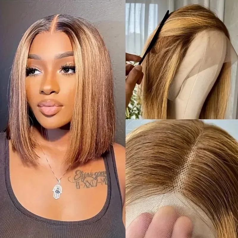 Short Bob Wig Highlight Transparent Lace Frontal Wigs Straight Bob Wigs Pre Plucked 13x4 Lace Front Wigs Synthetic For Women