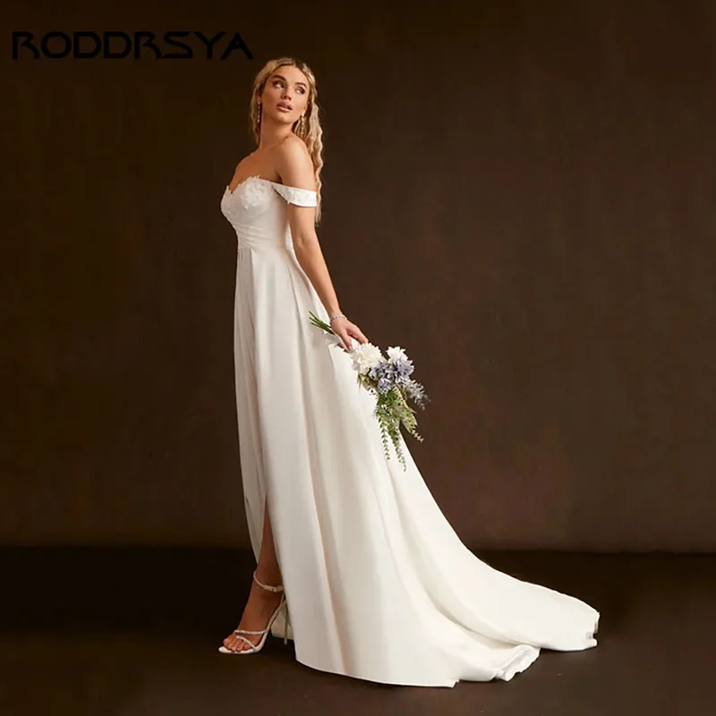 RODDRSYA A Linha Querida Vestido de Casamento Fora Do Ombro Apliques de Cetim Vestido de Noiva Renda Fenda Vestido de Novia Personalizar RODDRSYA A Linha Querida Vestido de Casamento Fora Do Ombro Apliques de Cetim Ves