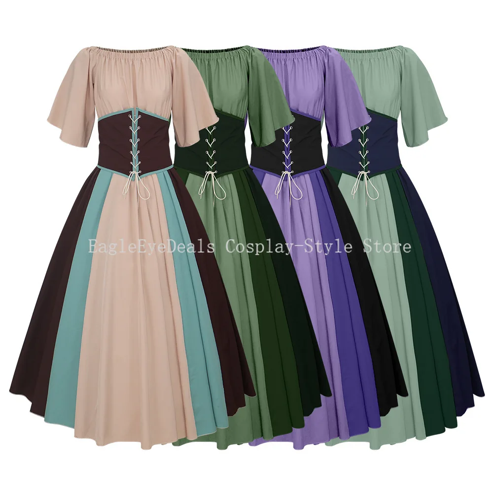 

Women's Medieval Retro Contrast Color Slim Dress - Off-Shoulder with Feifei Sleeves, Large Swing Skirt for Cosplay & Performance