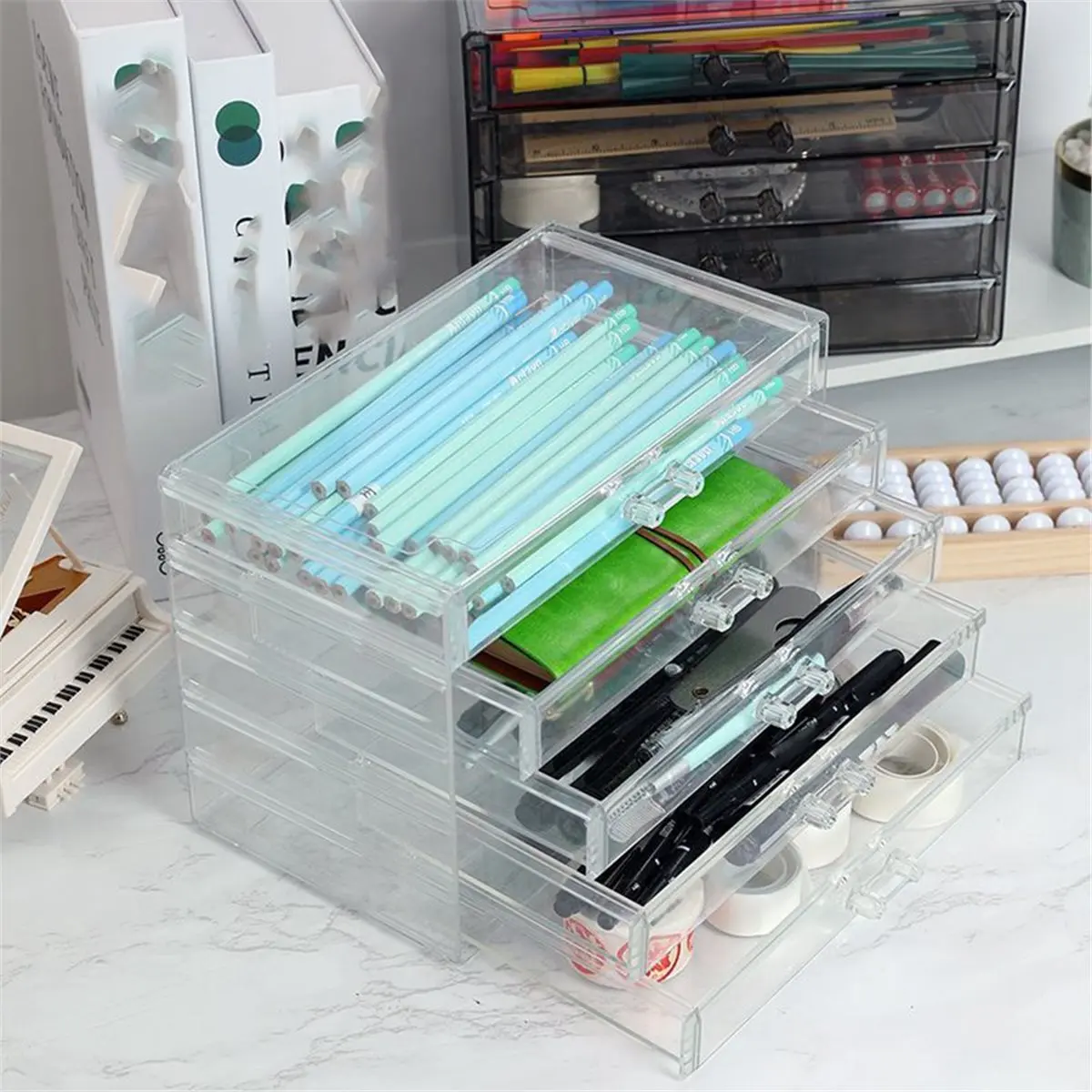 

2026 Новый 5-слойный ящик, прозрачный офисный органайзер, ящик для стола, держатель для карандашей, большие настольные аксессуары, стеллаж для выставки товаров