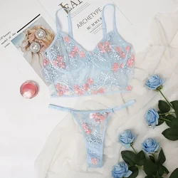 Floral Embroidery Bra Panty Sets Lingerie Women Sexy Transparent Bralette Bras Underwear Wire Free Erotic Set Sleepwear