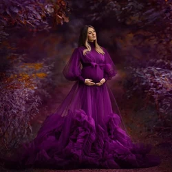 2024 Demure Purple High Neck Tulle A Line Pregancy Dresses Long Puff Sleeves Tiered Ruffles Maternity Gowns For Photo Shoot