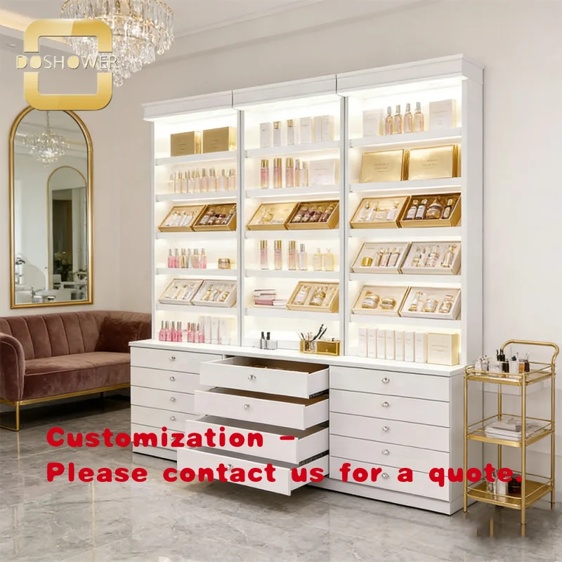 custom.Display cabinet with Custom Color and Style Option of modern Design Salon beauty product and nail picture Display Sta