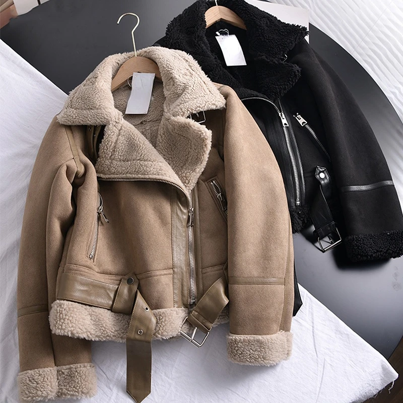 2022 Winter Women Thick Warm Suede Lamb Jacket Short Motorcycle Brown Coats Faux Shearling Sheepskin Leather Jackets Outwear