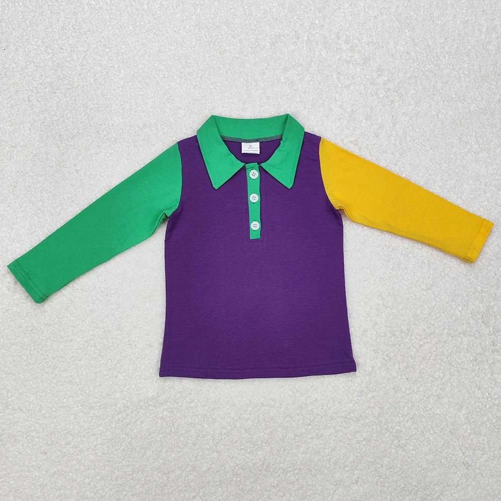 New Fashion Baby Boys Clothes Mardi Gras Purple Buttons Tee Shirts Tops Spring Boutique Kids Clothes Toddler Boys Pullovers Tops