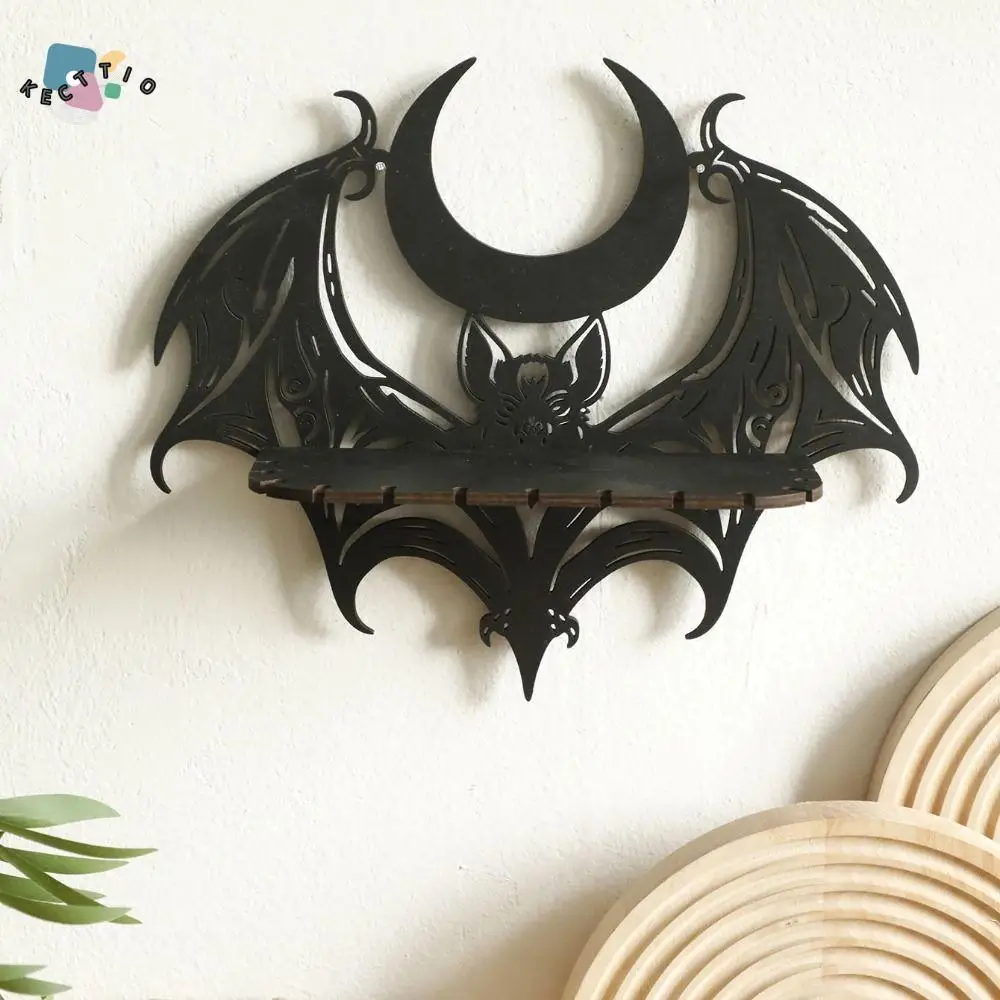 

Simple Hollow Pattern Bat Storage Shelf Black Unique Wooden Wall Shelf 3D Gothic Crystal Rack Living Room