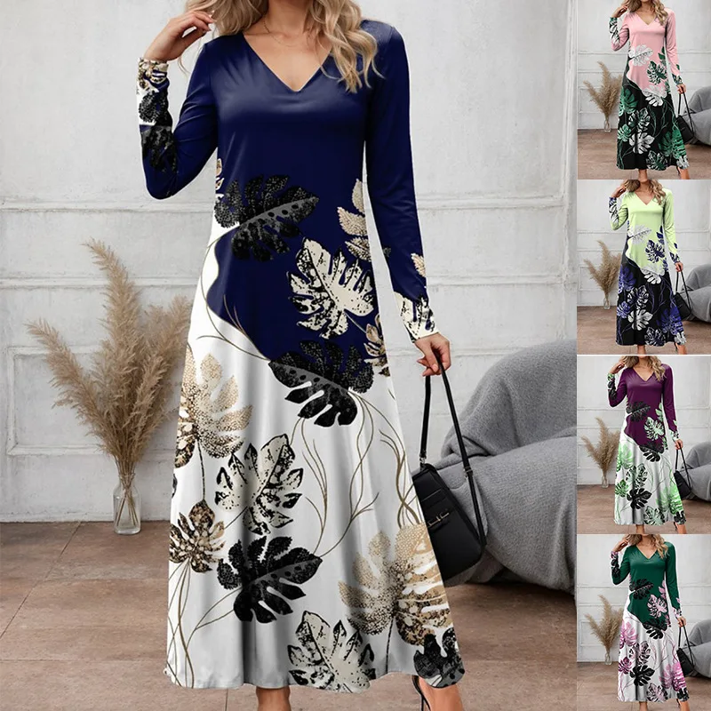 

Spring and Autumn Women's V-neck Positioned Printed Long Sleeve Dress Elegant Fashion Casual Famale's Ankle-length Dress
