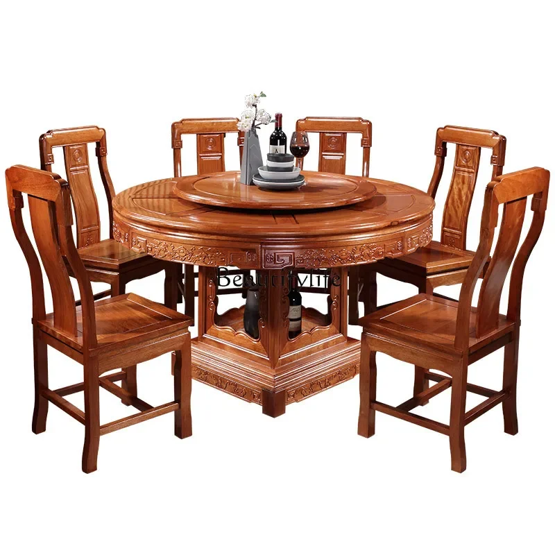 

LXChinese solid wood round dining table rosewood large round table antique carved dining table and chair combinationSSS