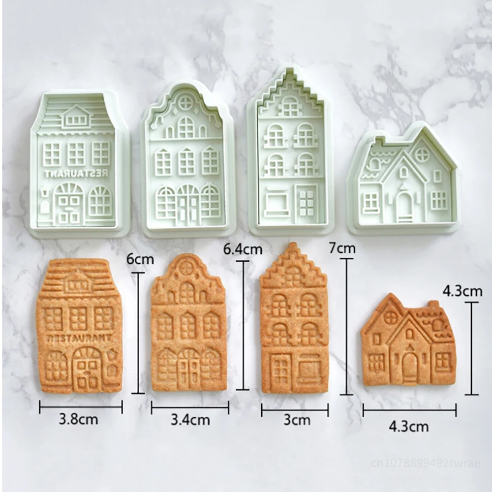 4Pcs 3D Christmas Gingerbread House Pattern Cookie Cutter Handmade Biscuit Stamp Fondant Embosser Cake Decorating Tools Bakeware