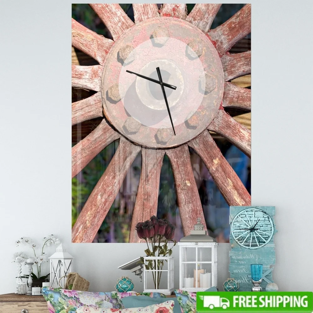 

Oversized Metal Clock Rustic Wall Art Red Farmhouse Clock Country Wagon Wheel Home Decor Battery Included Easy Hang