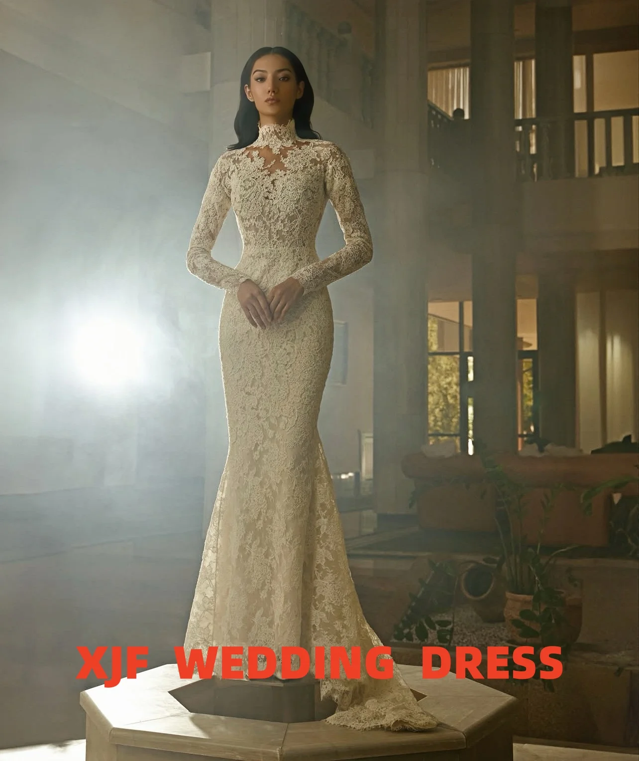 Personalizado de alta pescoço de manga comprida sereia destacável cauda vestido de baile vestido de casamento amanda novias vestidos de novia amanda novias