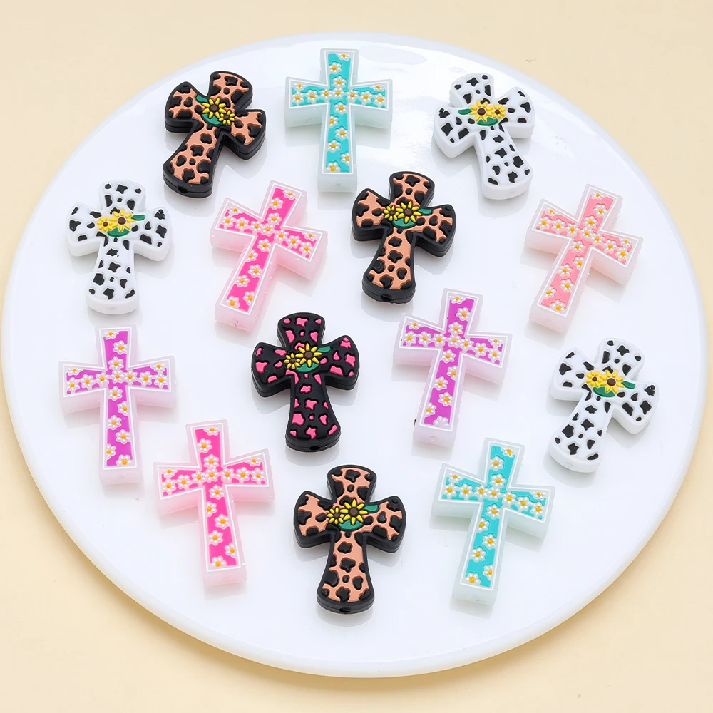 7Pcs Silicone Beads Colorful Cross Teether Chew Beads For DIY Baby Pacifier Chain Necklace Jewelry Bracelet Making