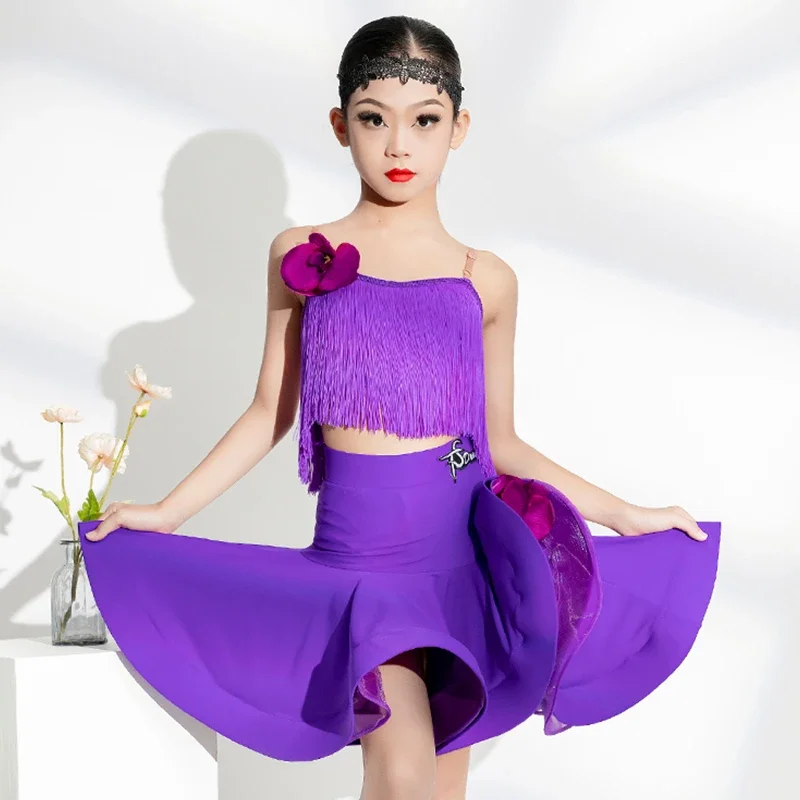 

2025 Kids Latin Dance Costume Girls Purple Tassel Suit Tops Skirt Performance Outfits Cha Cha Rumba Competition Clothing