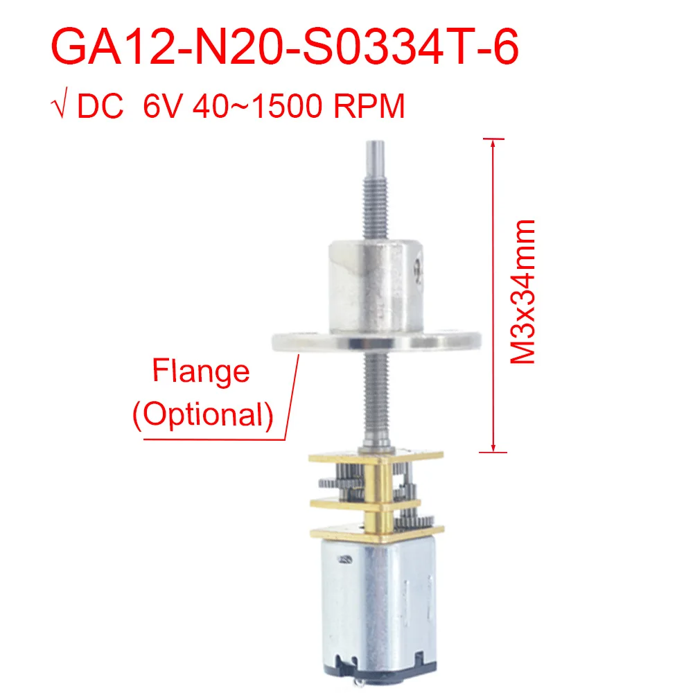 

GA12 N20 M3 * 34mm DC 6V Thread Mini Micro Gear Reduction 40 1500 RPM High Torque Linear Stainless Steel Shaft Motor with Flange