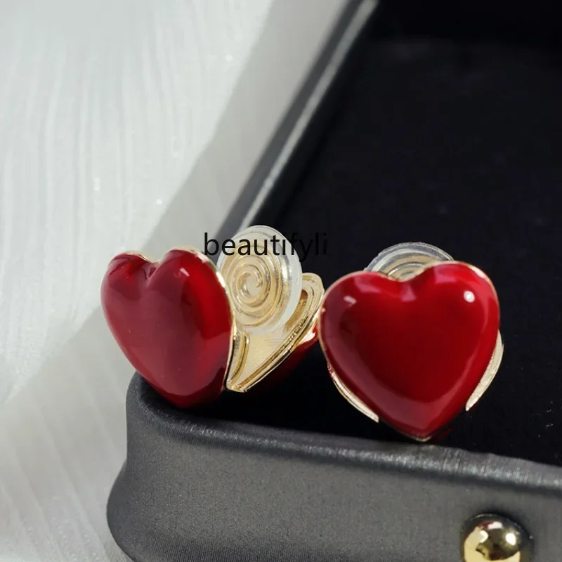 zq Retro Red Double-Sided Love Earless Ear Clip Elegant Festive Personality Ear Buckle Female Earrings