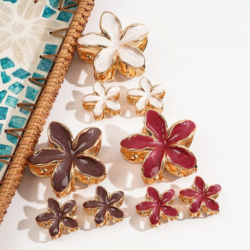 3 pinces à cheveux en alliage de zinc émaillé en forme de fleur de lys, 8 cm*1 + 4 cm*2, accessoires de cheveux mignons pour les vacances d'été à la plage.