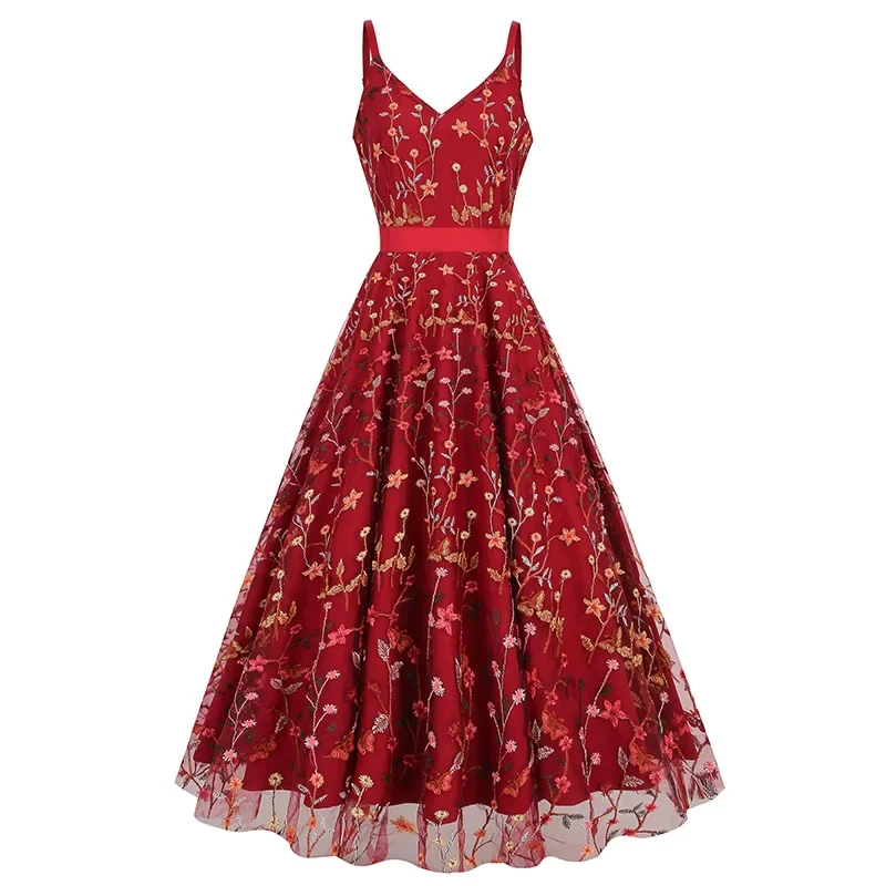 Vestido de fiesta Vintage con bordado Floral para mujer, traje Retro con tirantes finos, estilo Rockabilly de los años 60 y 50